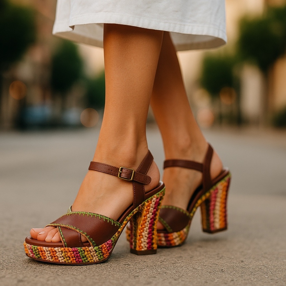 Isabella Fiore Tan Wedges with Colorful Heel